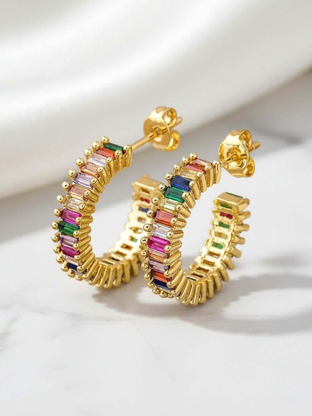 18k Gold Plated Emerald Cut Rainbow CZ Hoop Earrings Made with Swarovski